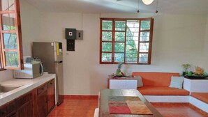 A compact kitchen with a dining area, a sofa, and a window with a view of greenery.