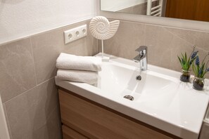 Shower, hair dryer, towels
