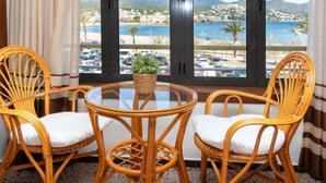 A room with a round table and two wicker chairs, a potted plant, and a view of a beach and mountains through large windows.