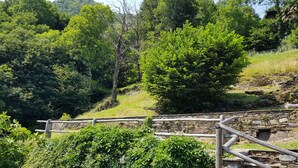 A stone staircase with a wooden railing leading up a grassy slope. - Mountain worlds behind Lake Maggiore (Falmenta)