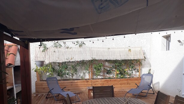 An outdoor patio with a wooden table and chairs, a thatched roof, and potted plants.