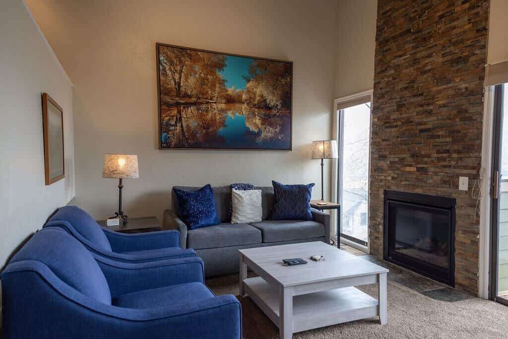 Fernseher, Kamin, Bücher, Arbeitsbereiche