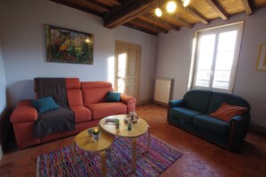 TV connectée, cheminée, livres, chaîne hi-fi