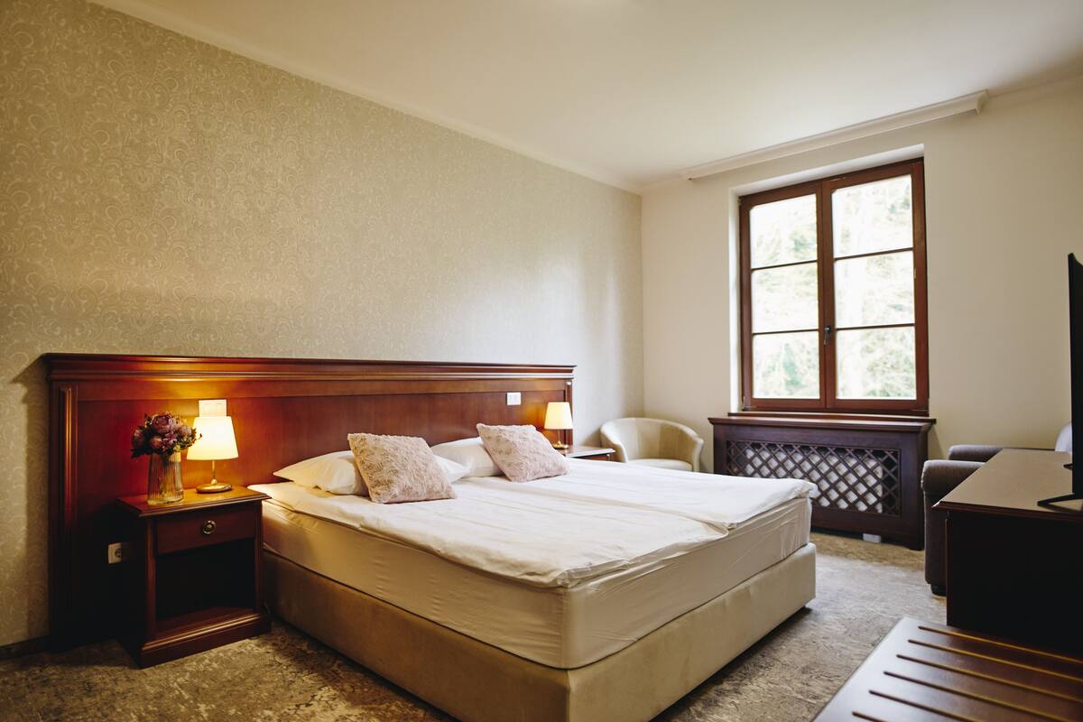 A hotel room with a large bed, a nightstand with a lamp, a chair, and a window with a view.