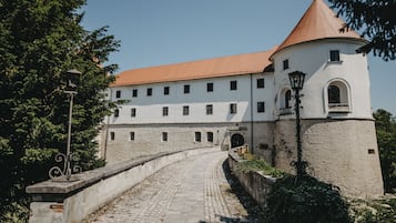 A historic building with a central tower, a cobblestone pathway leading to the entrance, and a stone wall on one side.