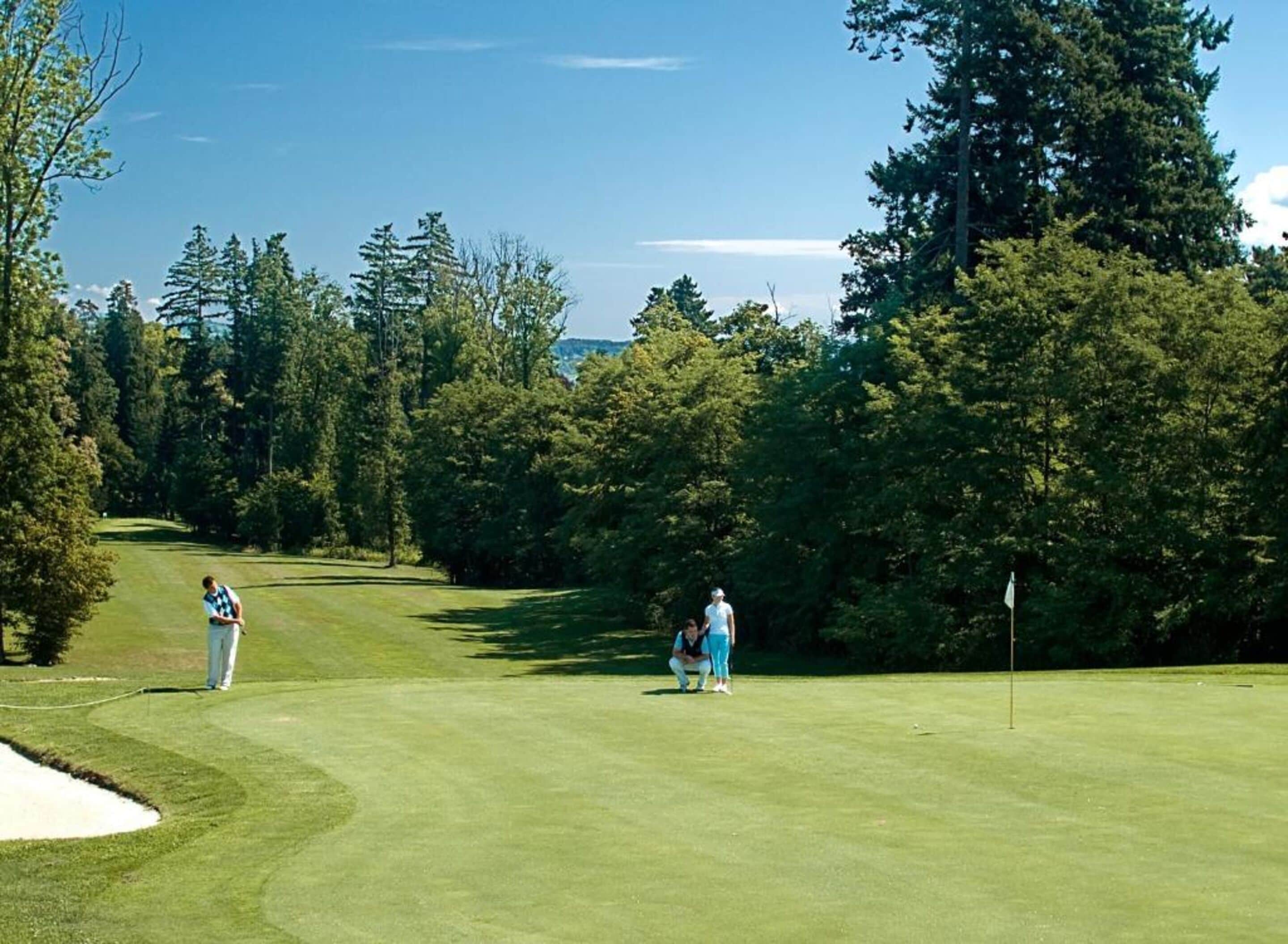 Un parcours de golf avec un ciel dégagé, des arbres et un mât de drapeau.