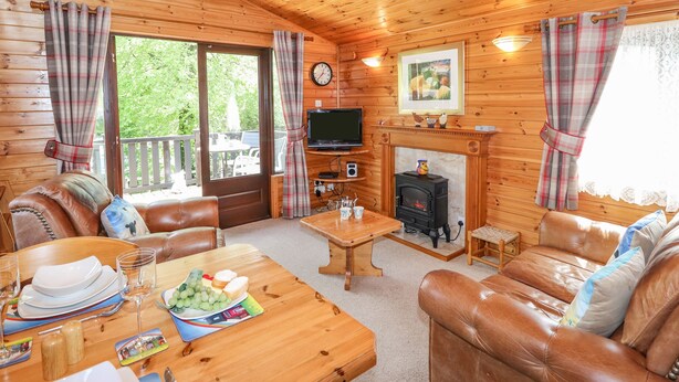 A cozy cabin interior with a wooden interior, a fireplace, leather furniture, and a television. - Robin's Nest (Keswick)