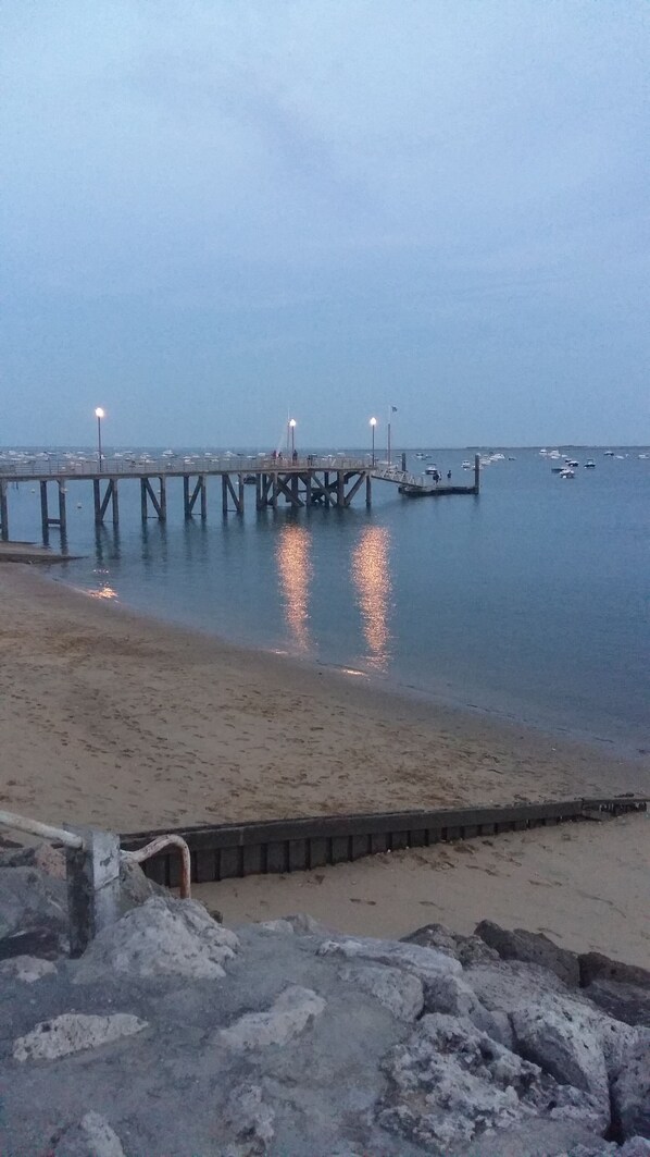 Un muelle se adentra en aguas tranquilas, con una playa arenosa al frente.