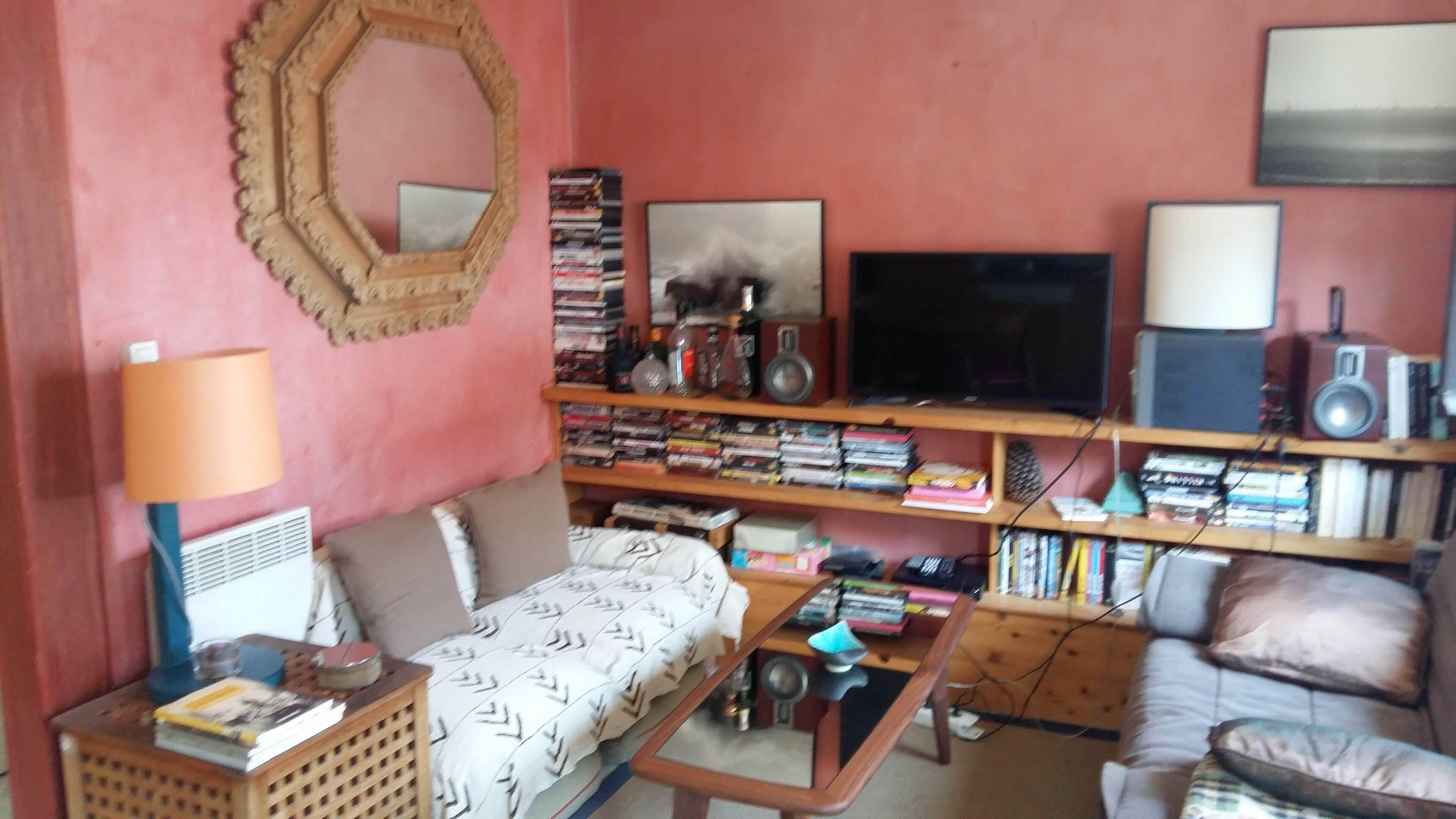 Un salon comprenant un canapé, une table basse, un téléviseur, une bibliothèque et un miroir.