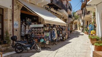 A narrow street with shops on either side, a motorcycle parked on the left, and potted plants along the right.