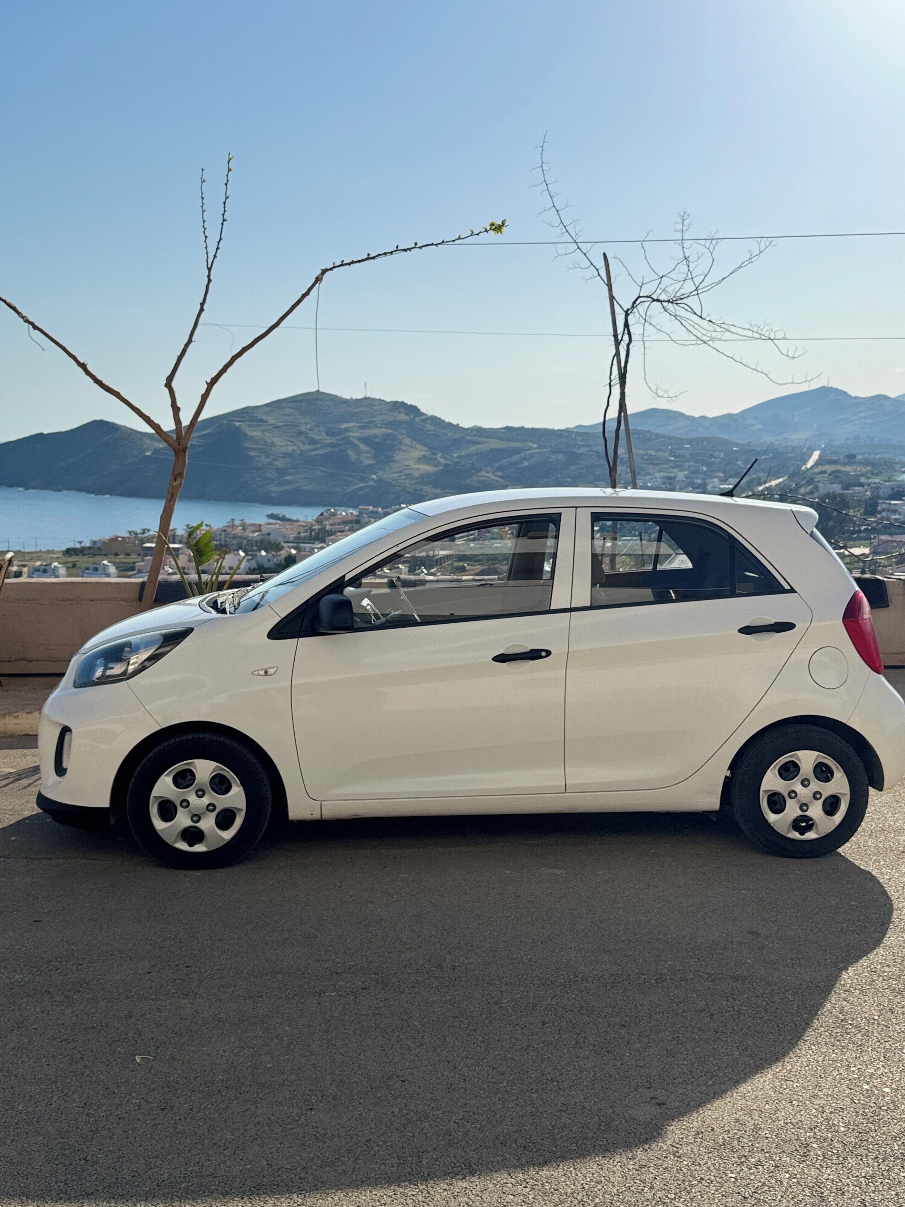 Un coche utilitario blanco aparcado en una zona pavimentada, con una vista panorámica de montañas y un cuerpo de agua al fondo.