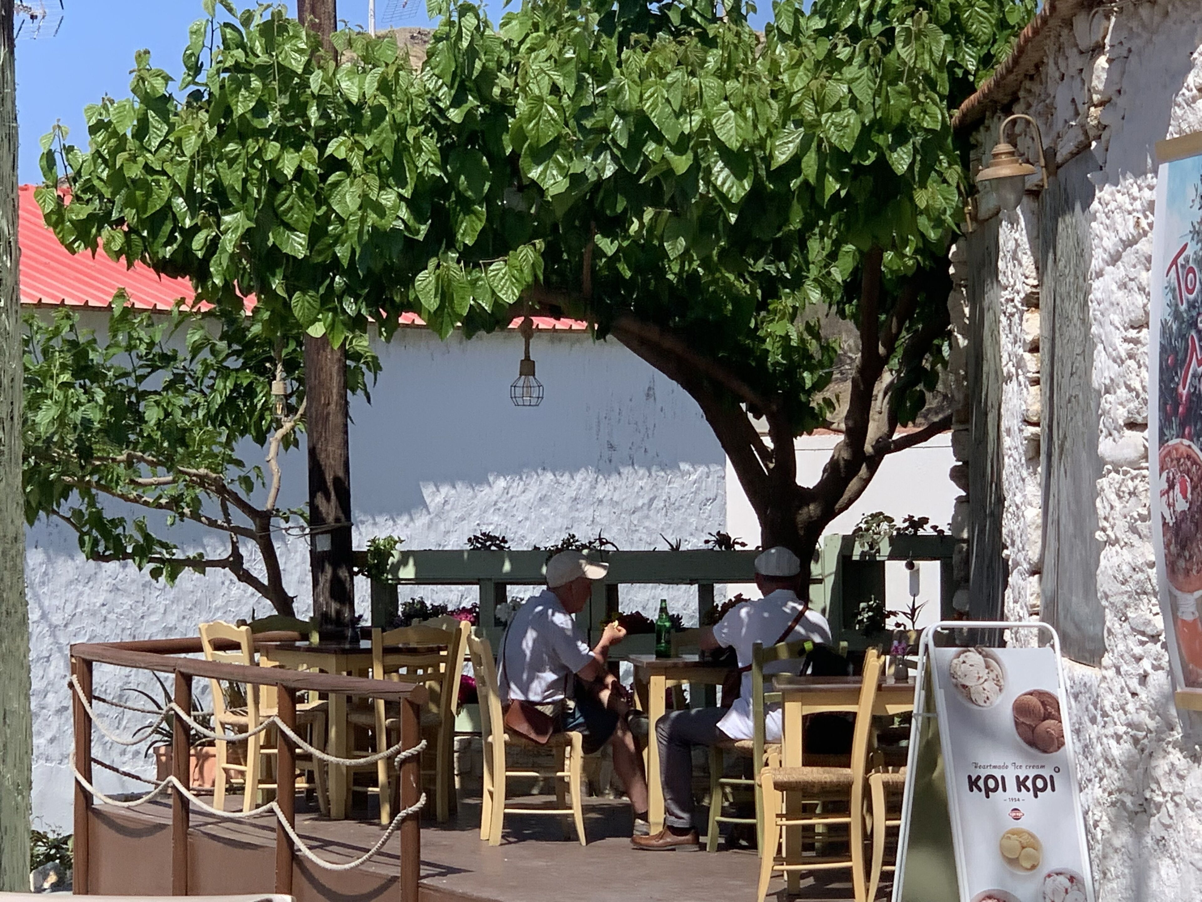 An outdoor seating area with wooden tables and chairs under a tree, a white wall with a red roof in the background, and a sign advertising ice cream.