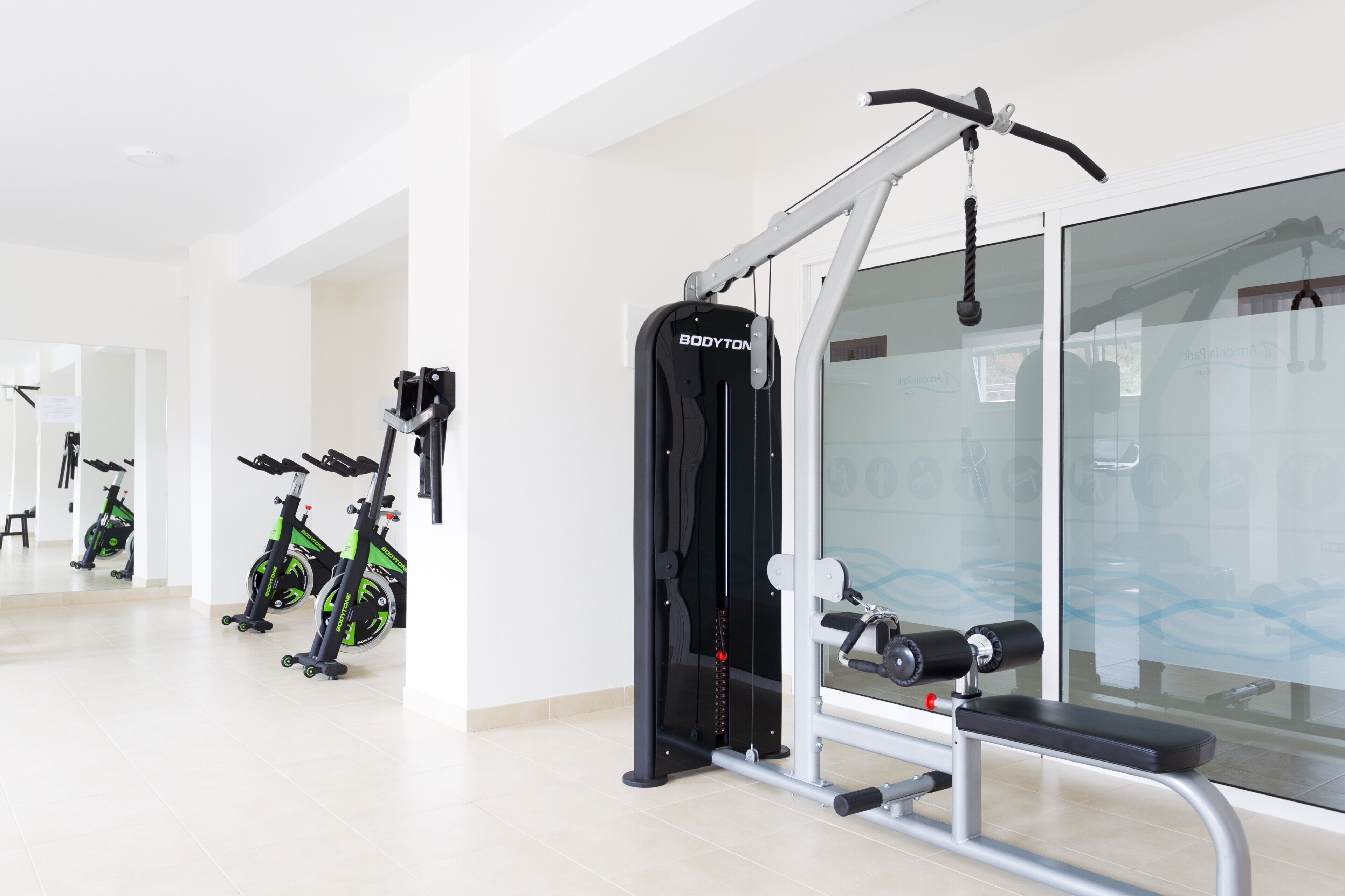 Ett gym med motionscyklar, en styrketräningsmaskin och en bänk.