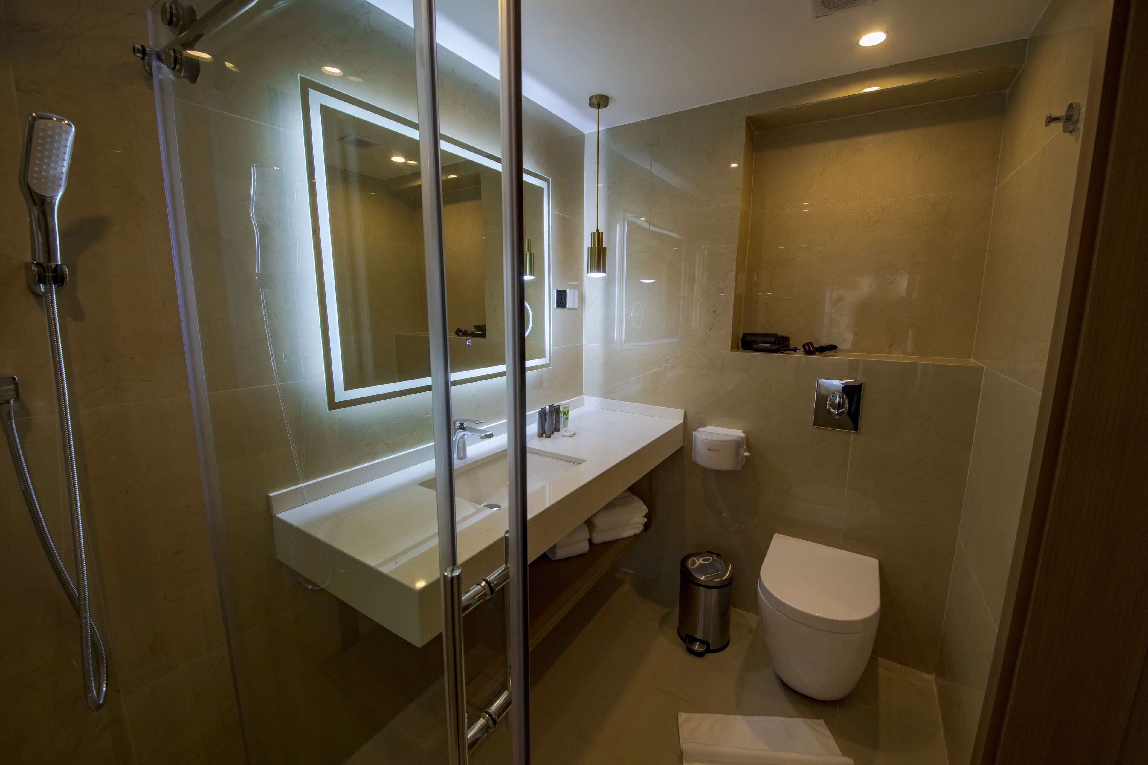 A modern bathroom with a glass-enclosed shower, a white sink, and a toilet.