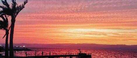 A sunset view from a beach with palm trees and a pier extending into the water.