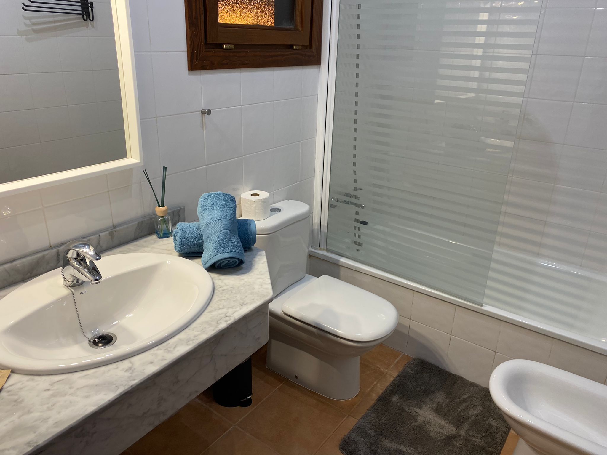Een badkamer met een wit wastafelmeubel, toilet en douche met ruitverdelende glazen deuren.