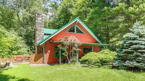A red cabin with a stone chimney, surrounded by lush greenery and trees. - Mars Hill Cabin w/ Pool Table ~ 2 Mi to Wolf Ridge (Mars Hill)