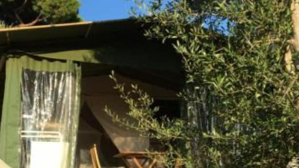 Ein rustikaler Sitzbereich im Freien mit einer Holzdielen-Terrasse, einem Tisch und einem Stuhl.