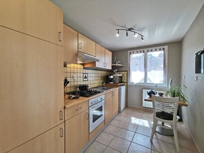 Fridge, microwave, dining tables