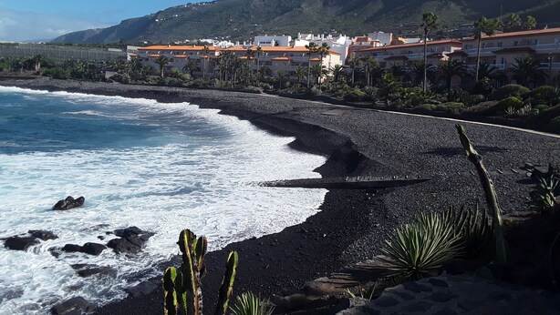 Un hotel a la costa amb una platja rocosa, palmeres i un paisatge de muntanyes al fons.