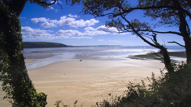 A beach with clear skies and calm waters. - Countryside Bungalow with private Hot Tub (Llansteffan (6.6miles N))