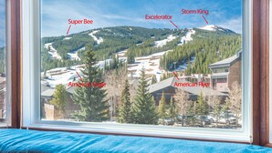 Depuis une fenêtre, on aperçoit une station de ski avec les différentes pistes indiquées : Super Bee, American Eagle, American Flyer, Excellerator et Storm King.