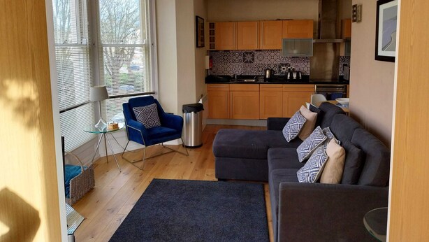 Un espace de vie compact comprenant un coin cuisine, un fauteuil bleu, un canapé foncé et un petit tapis.