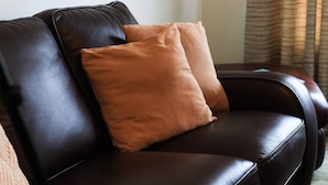 A dark brown leather sofa with two cushions, one in a lighter brown shade.