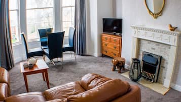 TV, fireplace, books