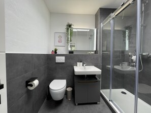 Shower, hair dryer, towels, soap