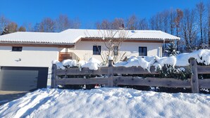 Una casa a due piani con un garage, immersa in un paesaggio innevato con alberi.