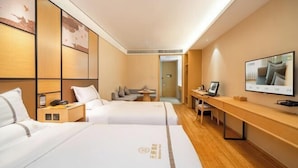 A hotel room with two beds, a desk, a TV, and a wooden floor. - Deep Sleep Hotel (Xuzhou High-Speed Railway Station Front Square Zhenxing Avenue) (Xuzhou)