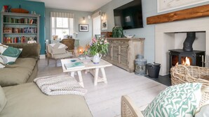 A cozy living room with a sofa, a coffee table, a bookshelf, a fireplace, and a television. - Louvain (Helston)