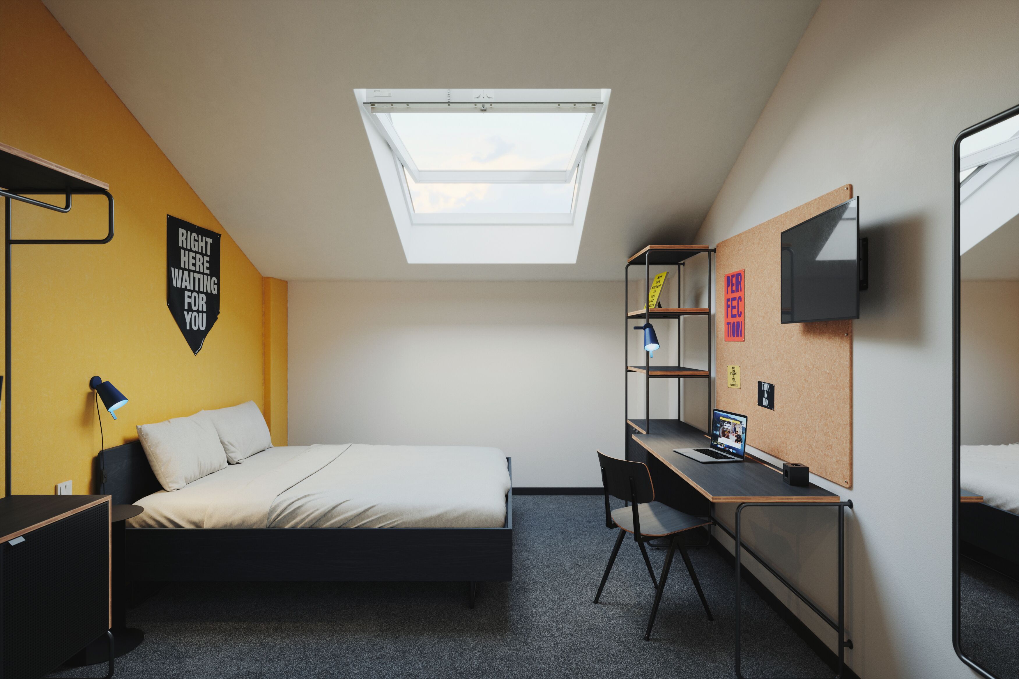A room with a bed, desk, chair, and a skylight.