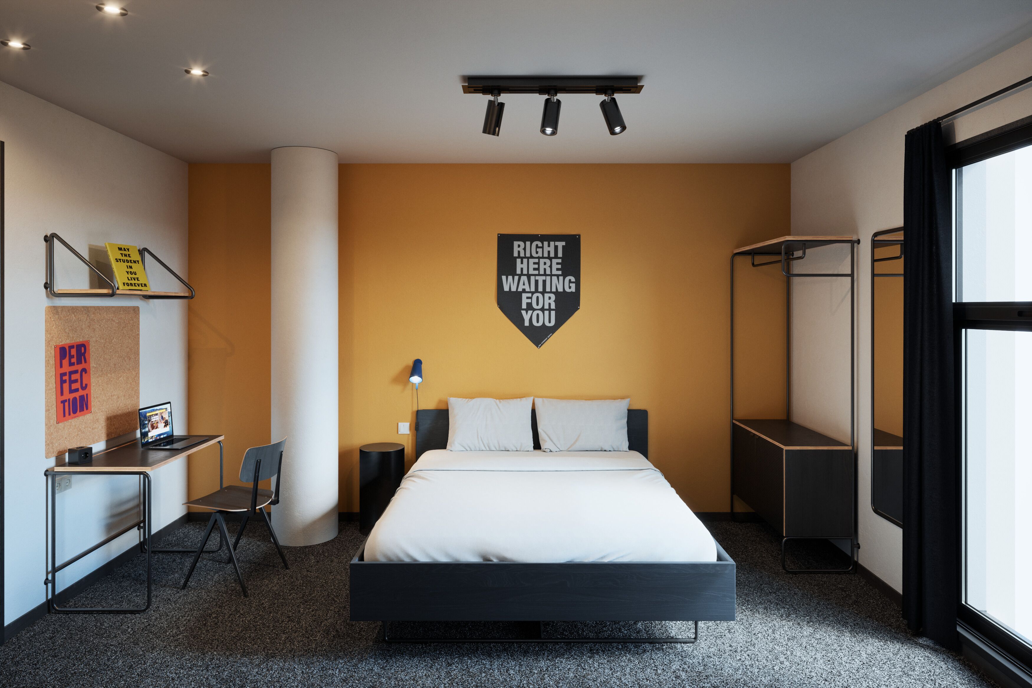 Une chambre d’hôtel moderne équipée d’un lit, d’un bureau, d’une chaise et d’une grande fenêtre.