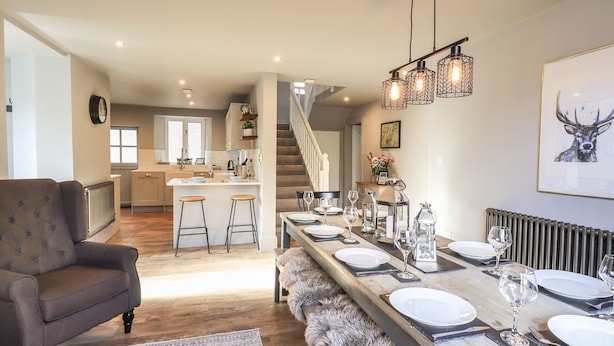 Une cuisine moderne dotée d’un îlot central, un coin repas avec une longue table dressée pour six personnes, et un espace salon confortable avec un canapé moelleux et un tapis à poils longs.