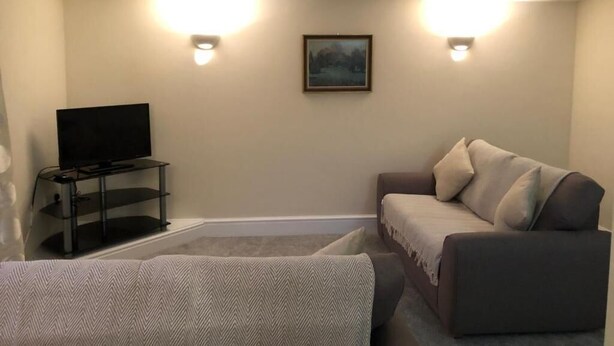 Een woonkamer met een flatscreen televisie op een standaard, een bank en een vloerkleed.