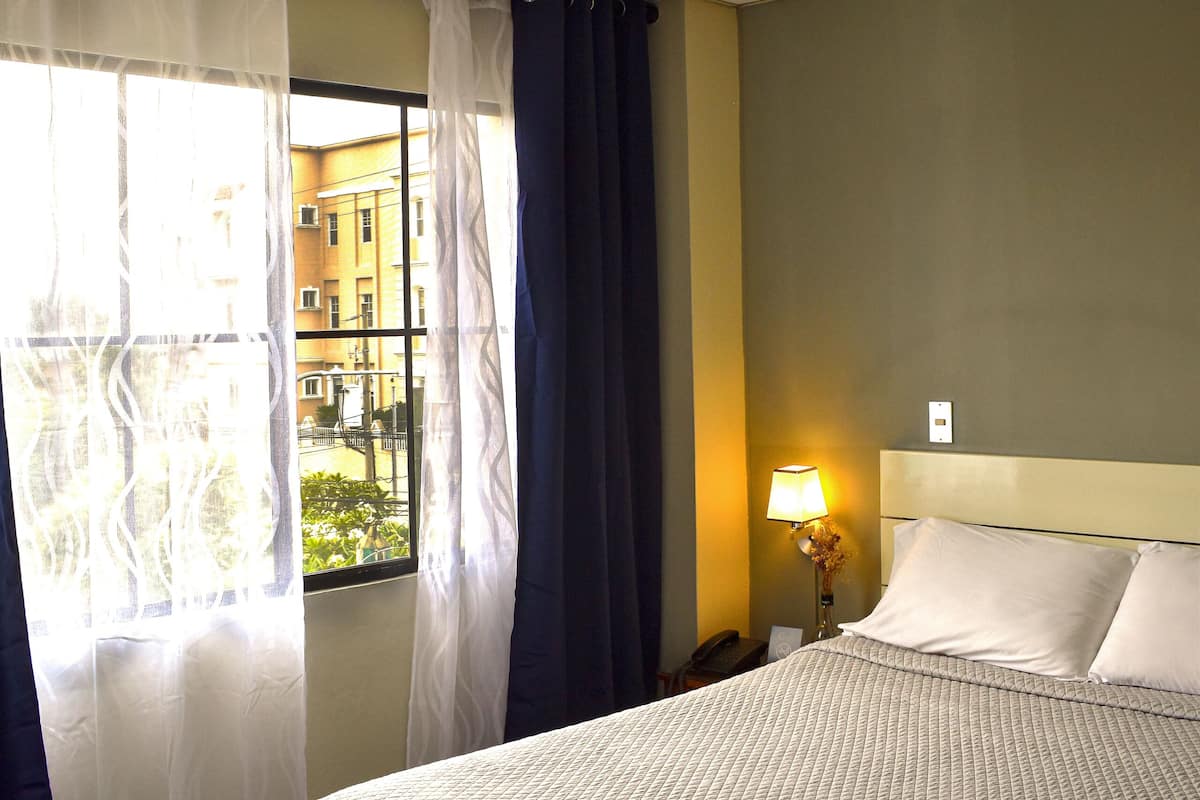 A hotel room with a large bed, a bedside lamp, and a view of buildings through the window.