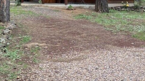 A wooden cabin with a red roof, a porch with chairs, and an American flag. - Bear Haven on Northwoods Road (Greer)