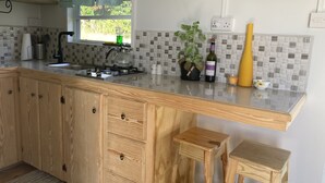 Een keuken met houten kastjes, een aanrecht, een spoelbak, een fornuis, een potplant, een wijnfles en een vaas.