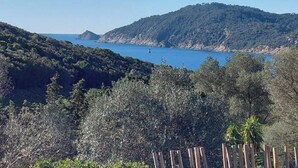 A coastal landscape with a clear view of the sea and a hill in the background. - House (Ile du Levant)