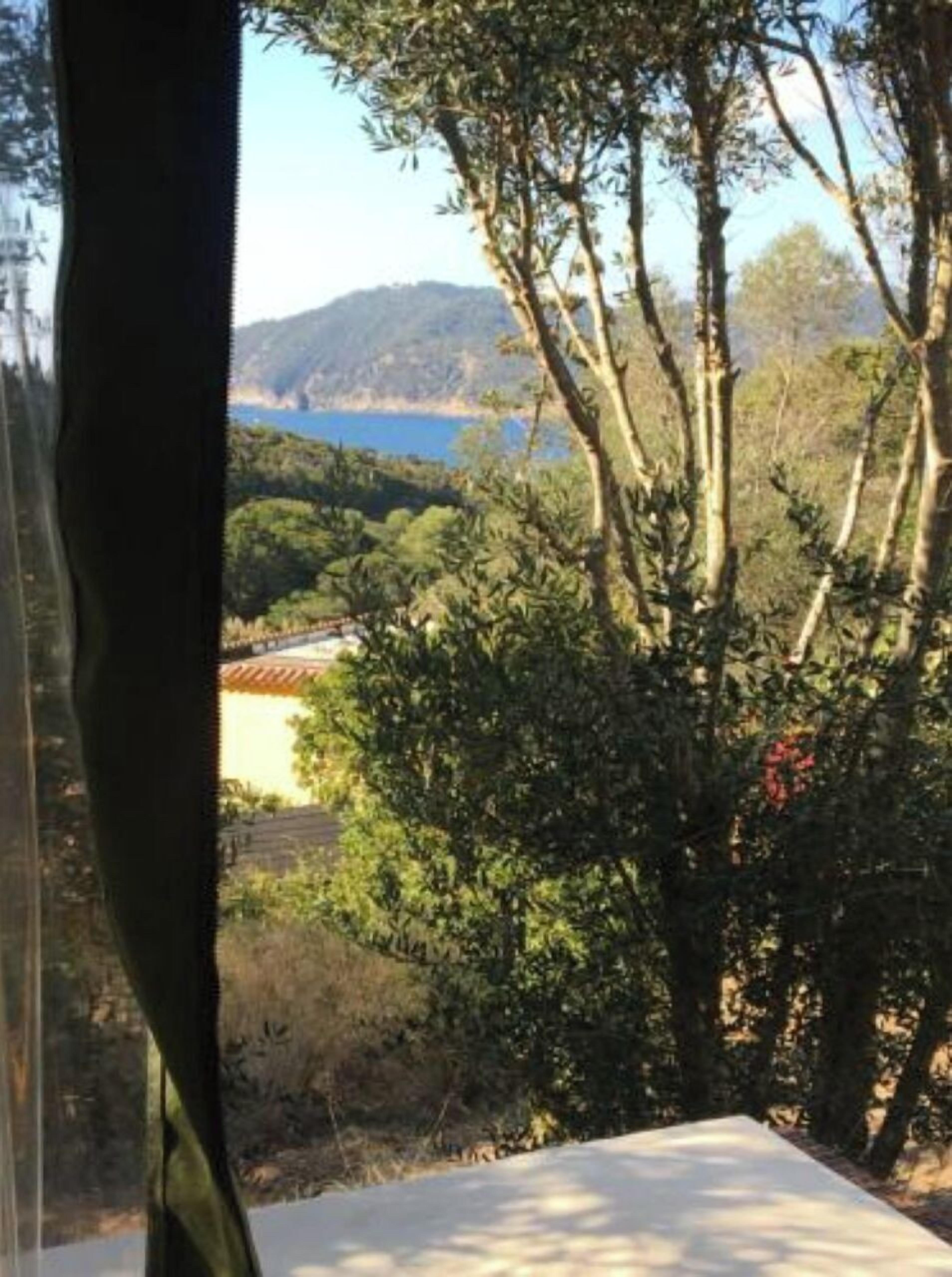 A room with a view of a coastal landscape, including trees and a body of water.