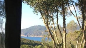 Ein Zimmer mit Blick auf eine Küstenlandschaft, darunter Bäume und ein Gewässer.