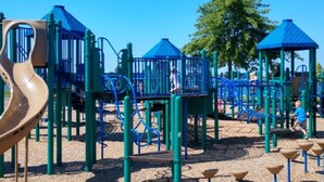 A playground with various play structures including a slide, climbing frames, and a playhouse. - Lighthouse Cottage: 1 block from the beach, 2 blocks to downtown! (Ludington)