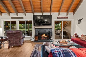 Smart TV, caminetto, libri