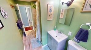 Bathtub, hair dryer, soap, shampoo