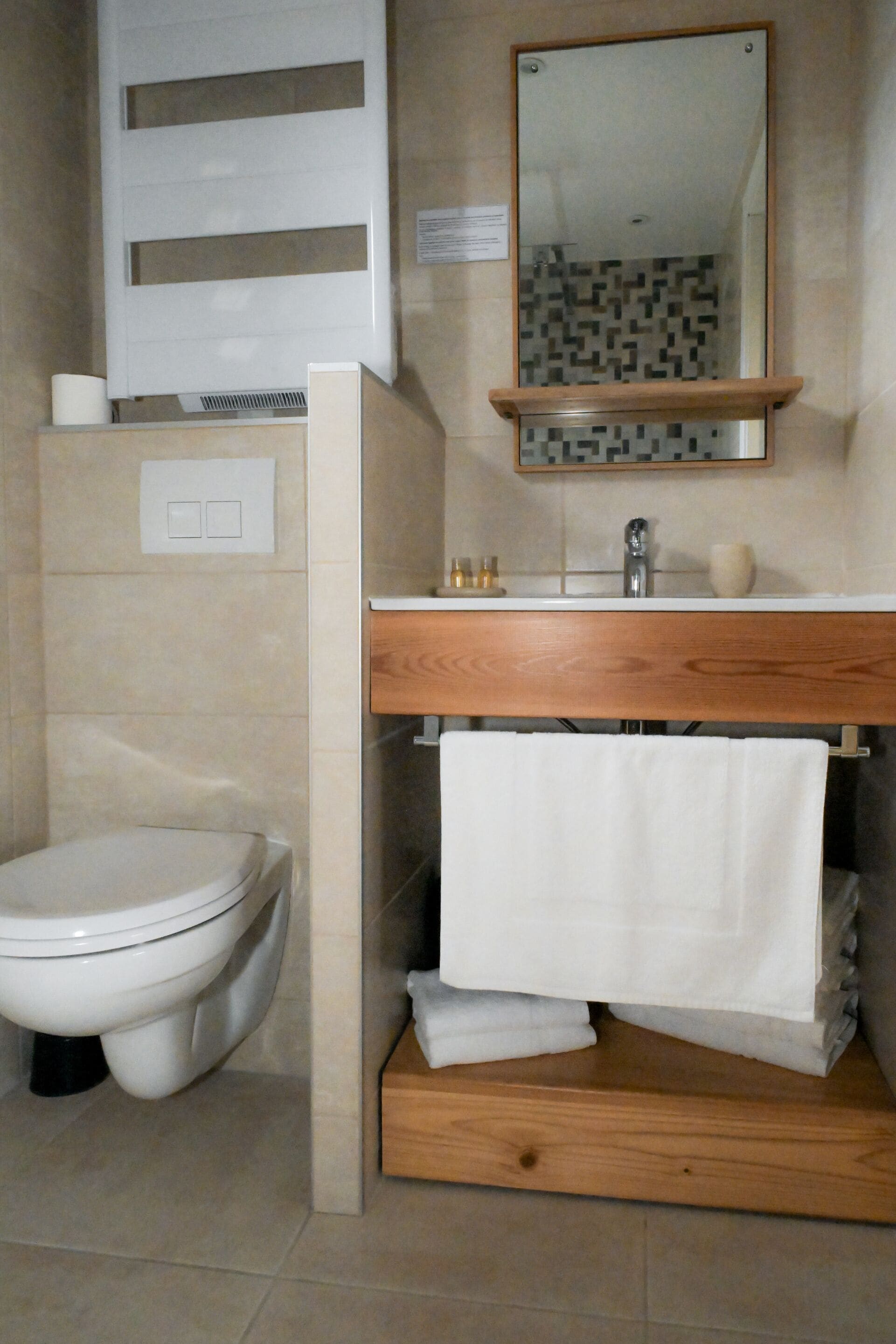 Een badkamer met toilet, een wastafel met spiegel erboven en een handdoekrek.