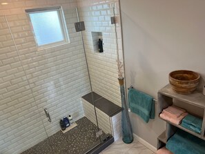 Shower, hair dryer, towels, soap
