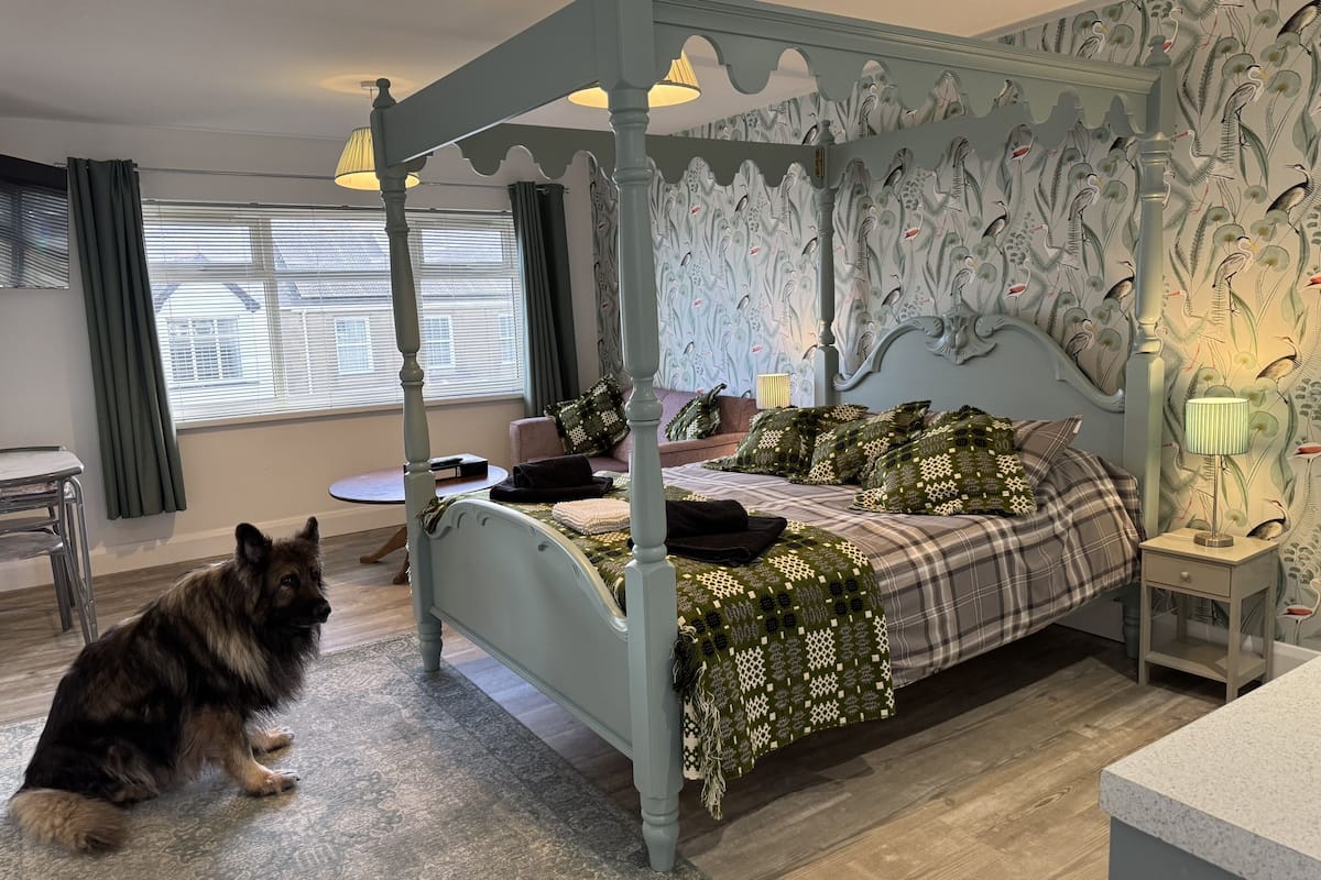 A four-poster bed with a floral wallpaper, a dog sitting on the floor, and a small round table with a lamp.