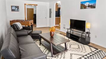 Smart TV, fireplace, foosball